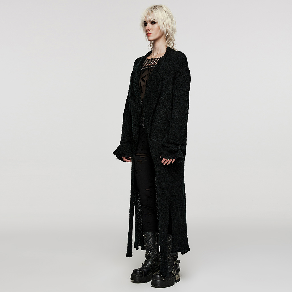 Straight Asymmetric Hem And Side Slits Long Cardigan - Image 2