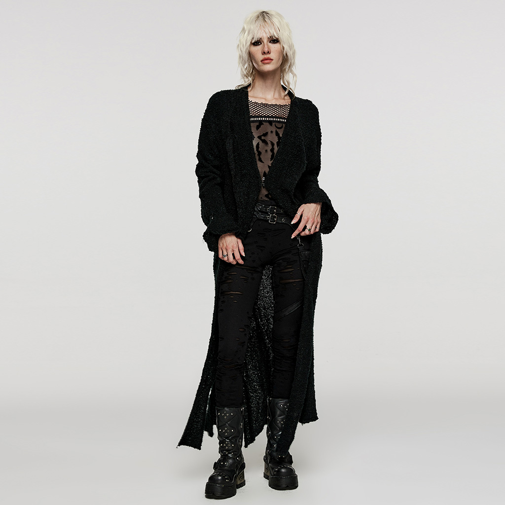Straight Asymmetric Hem And Side Slits Long Cardigan - Image 4