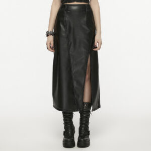 Oblique Slit A-Line High Waist Split Faux Leather Skirt