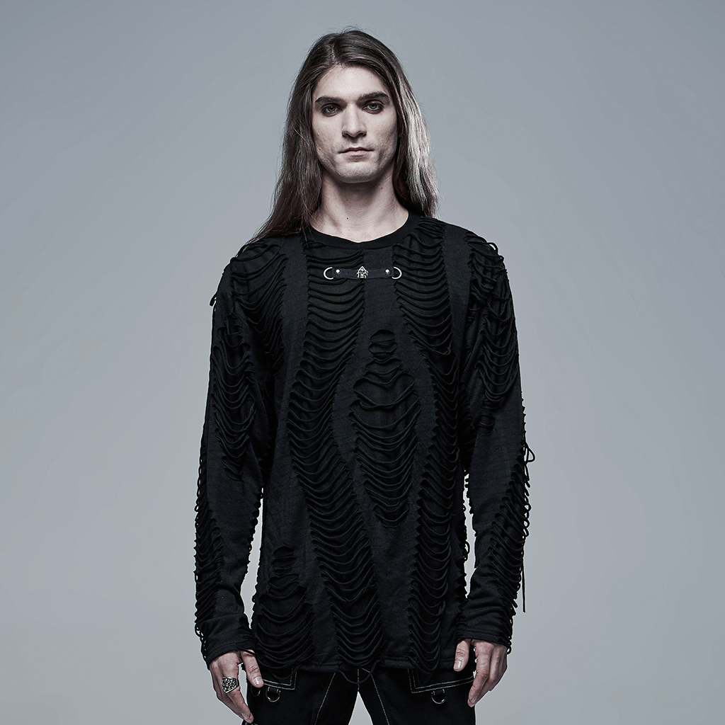 Stylish Knitted Broken Fabric Goth Long Sleeves T-Shirt