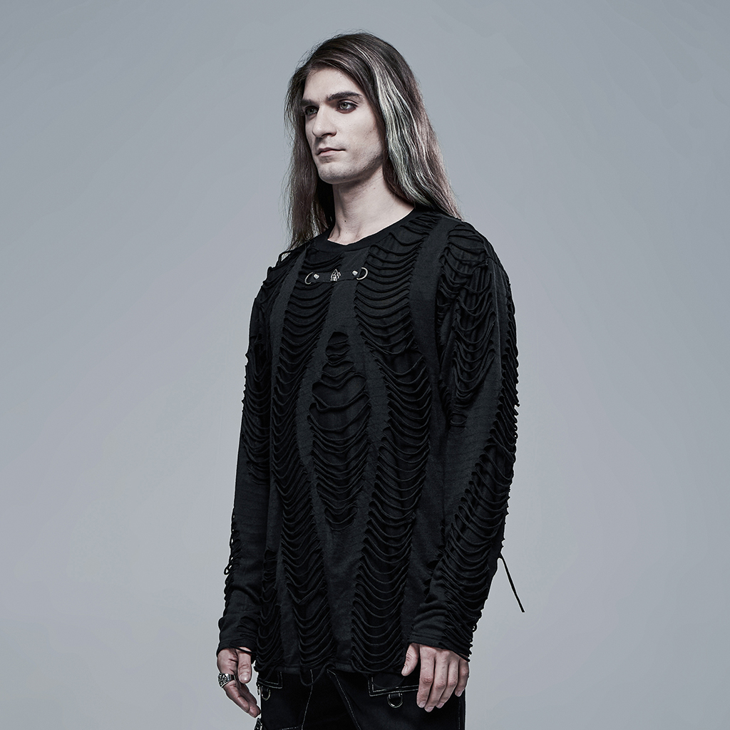 Stylish Knitted Broken Fabric Goth Long Sleeves T-Shirt - Image 2