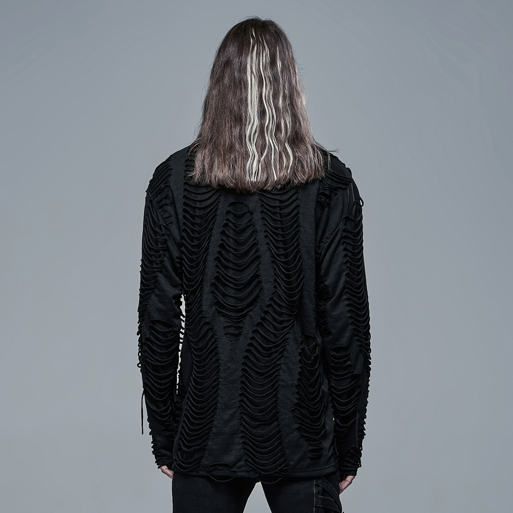 Stylish Knitted Broken Fabric Goth Long Sleeves T-Shirt - Image 3