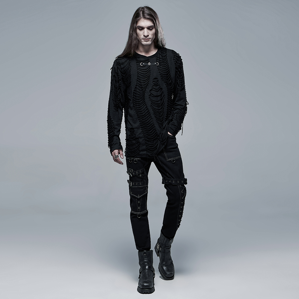 Stylish Knitted Broken Fabric Goth Long Sleeves T-Shirt - Image 4