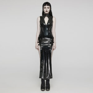 PUNK RAVE Thick Metal Zipper Glossy Elastic Punk Slit Dress - Black