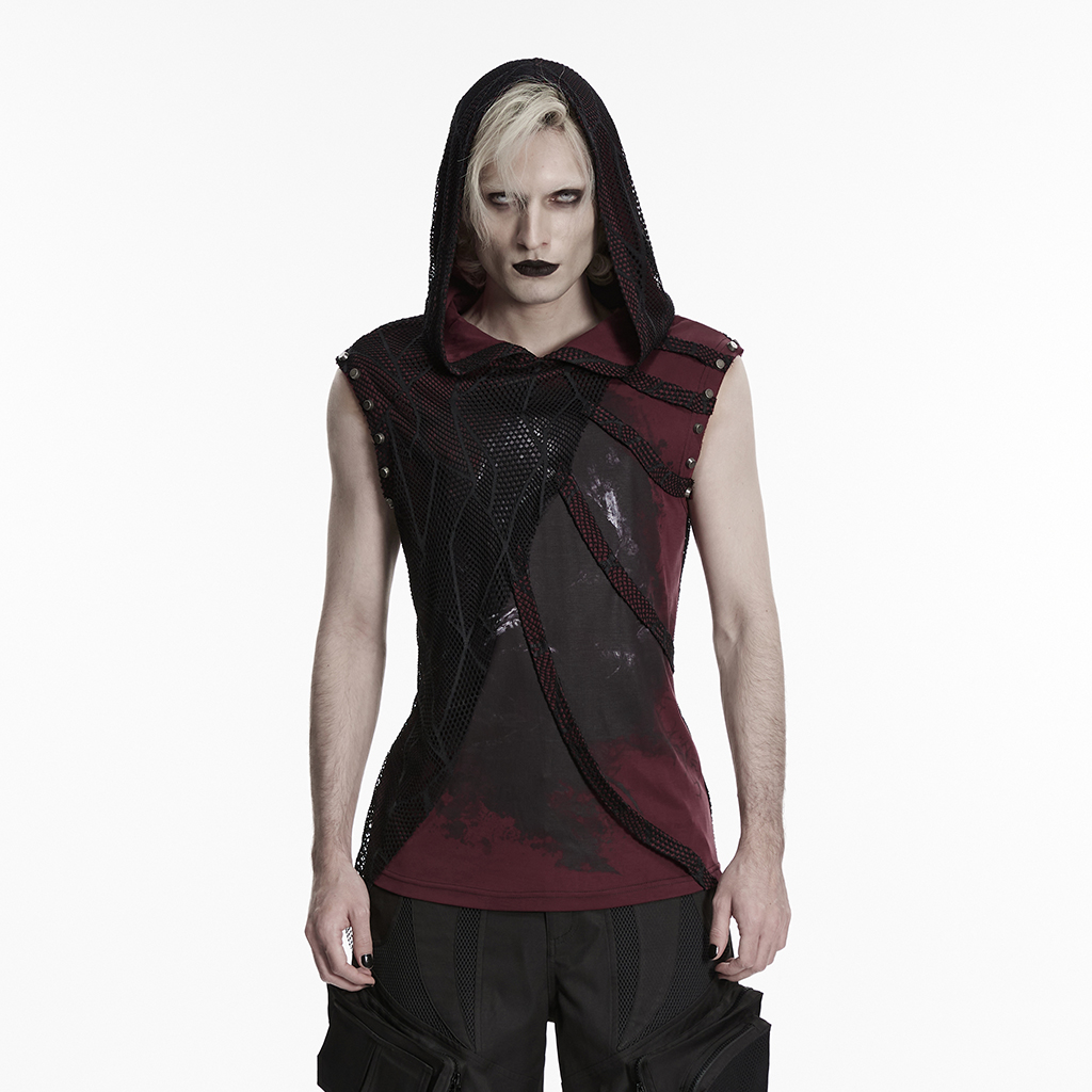 Punk Printed Distressed Hooded T-Shirt Black-Red - Image 2