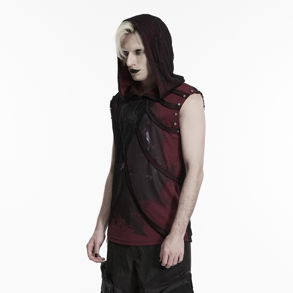 Punk Printed Distressed Hooded T-Shirt Black-Red