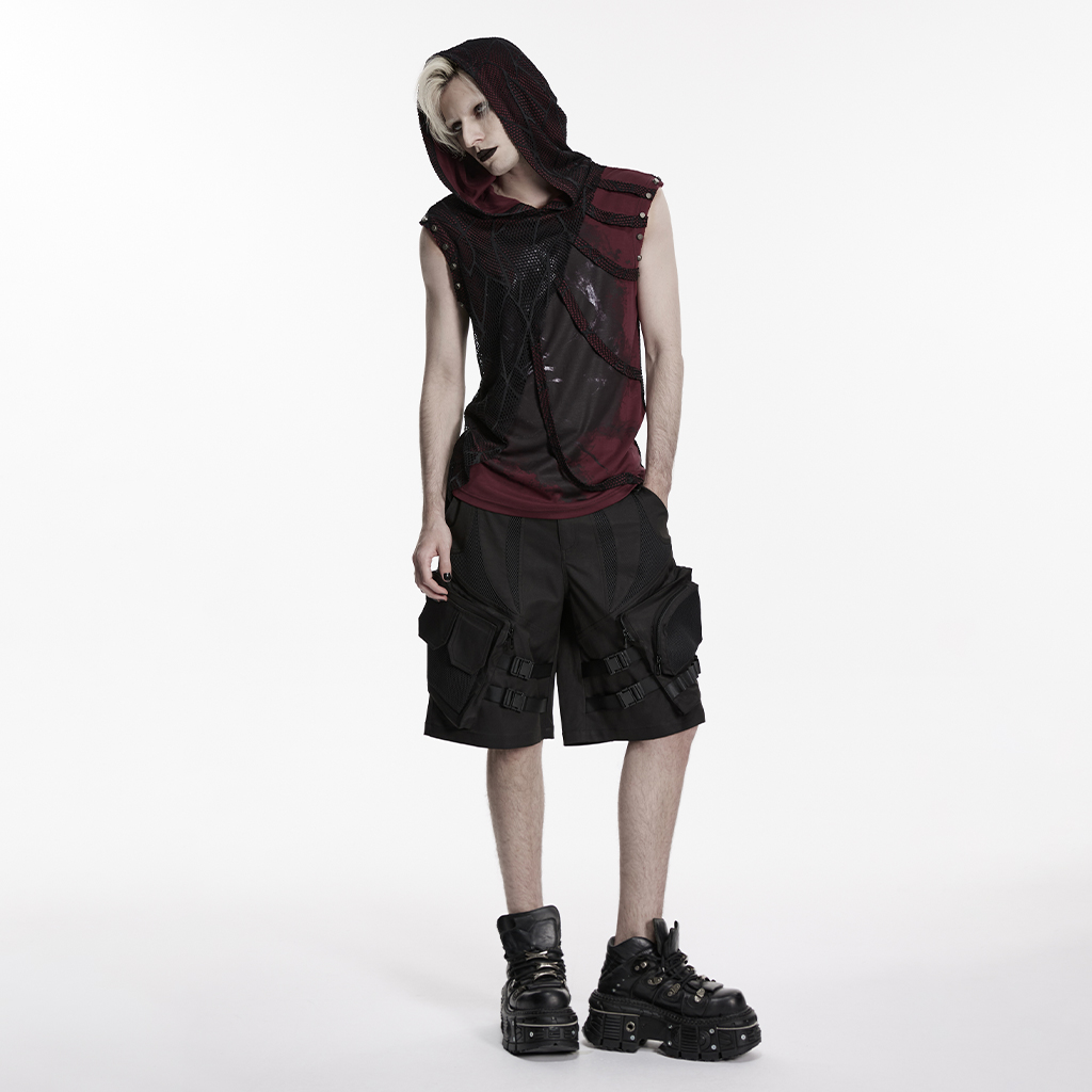 Punk Printed Distressed Hooded T-Shirt Black-Red - Image 4