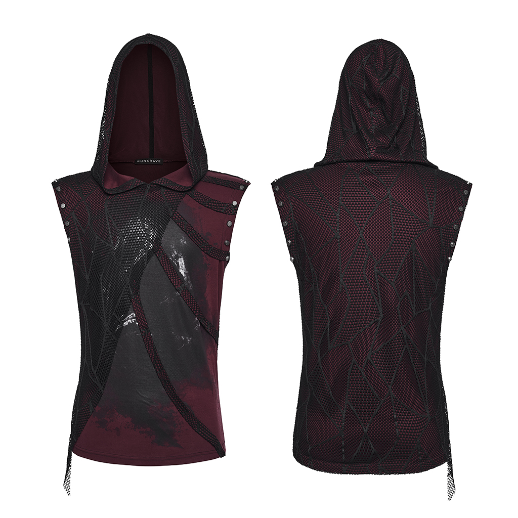 Punk Printed Distressed Hooded T-Shirt Black-Red - Image 5