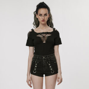 V-Neck Woven Hollow Out Backless Short Sleeve T-Shirt