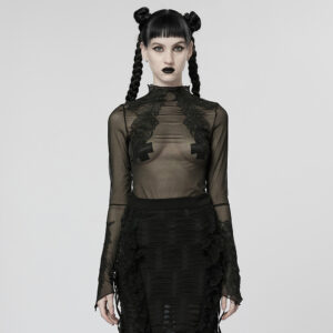 Gothic Feather Applique Embroidery Mesh Perspective Top