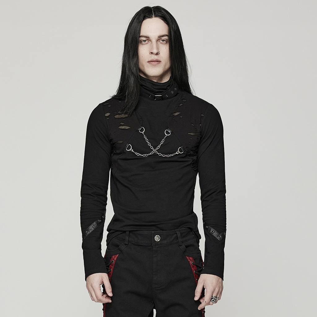 Punk Broken Holes Stand Collar Long Sleeve T-Shirt