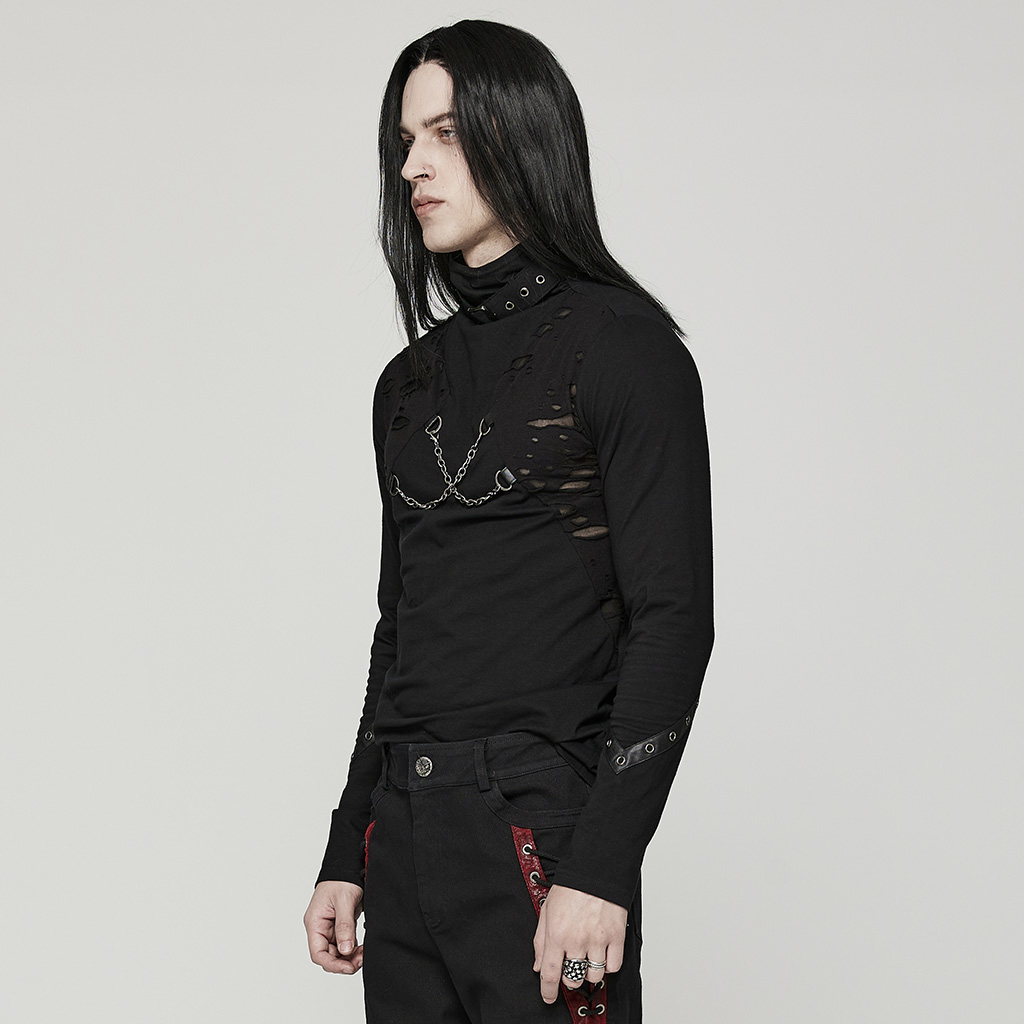 Punk Broken Holes Stand Collar Long Sleeve T-Shirt - Image 2