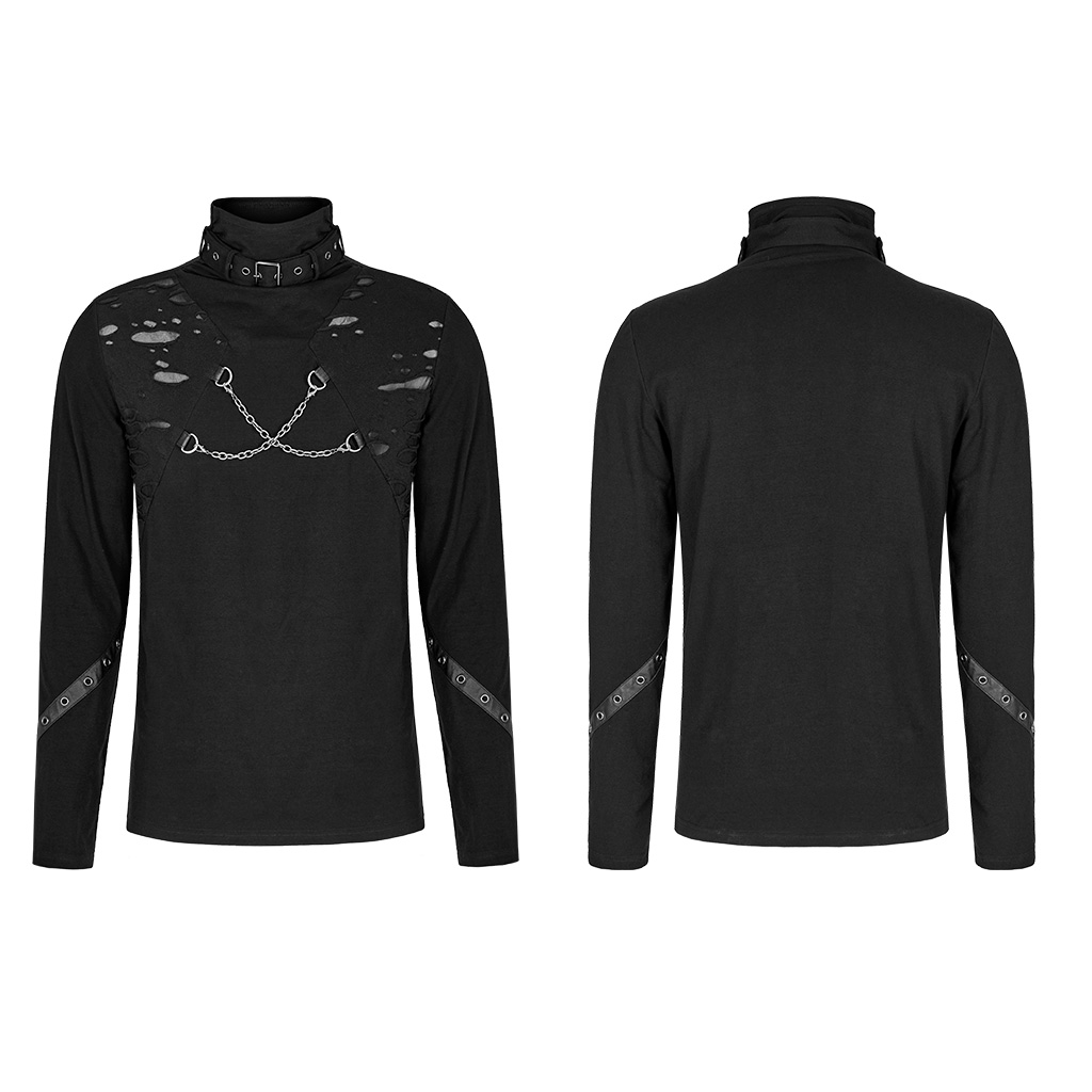 Punk Broken Holes Stand Collar Long Sleeve T-Shirt - Image 5