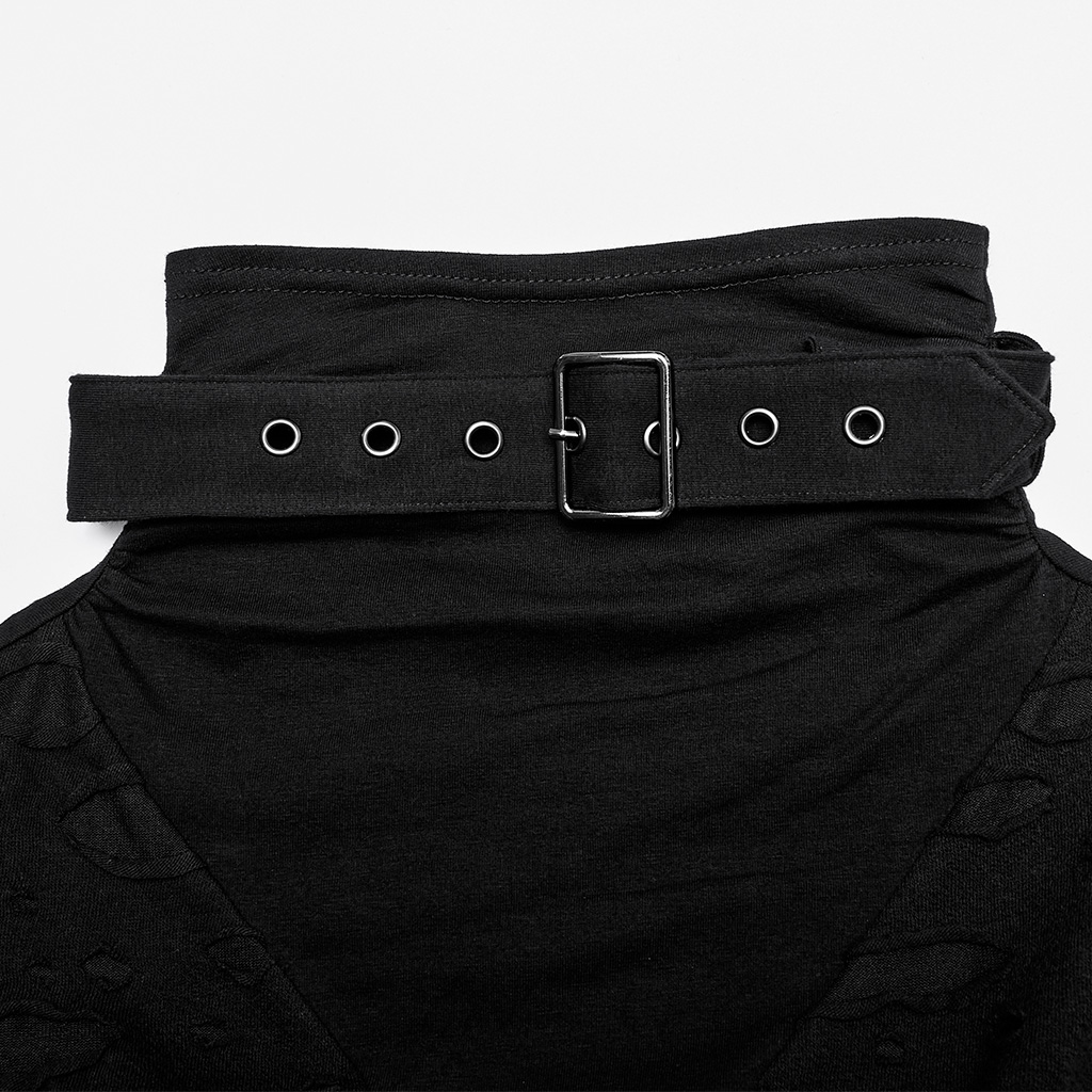 Punk Broken Holes Stand Collar Long Sleeve T-Shirt - Image 9