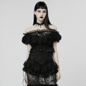 Gothic Lace Flocking Mesh Bubble Sleeves T-Shirt