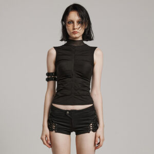 Elastic Knitted Fabric And Mesh Neckline Goth Skeleton Tee