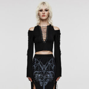 Deep-V And Hollow Arm Drawstring Cropped High Waistline Goth T-Shirt