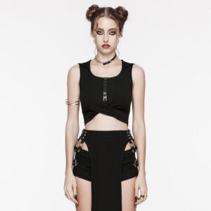 Cross Pleated Design Stretch Knit Fabric Hooded Short Vest