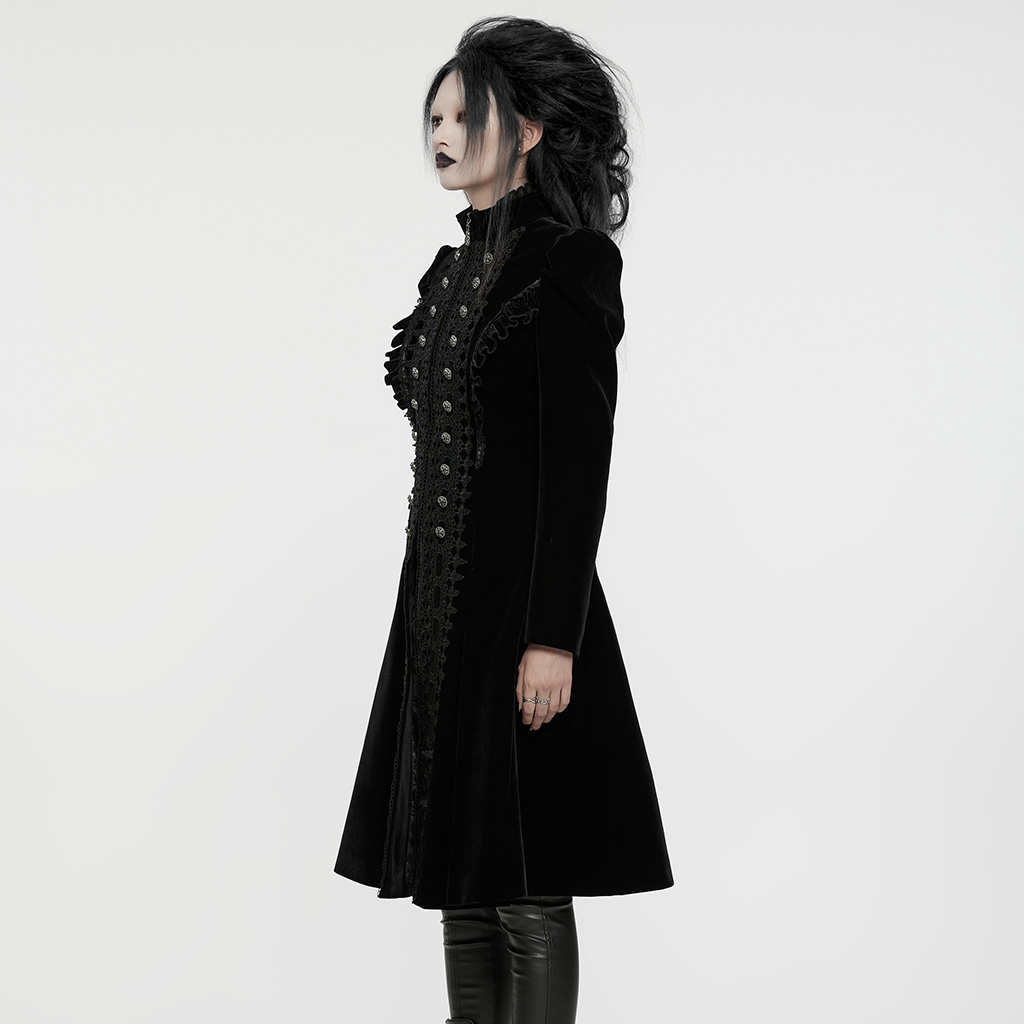 PUNK RAVE Goth A Line Ruffle Detail Symmetric Velvet Coat - Black - Image 2