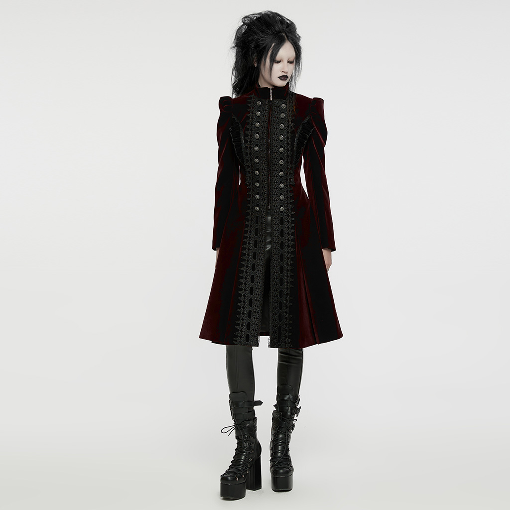 PUNK RAVE Goth A Line Ruffle Detail Symmetric Velvet Coat - Red - Image 4