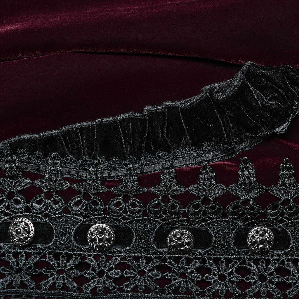PUNK RAVE Goth A Line Ruffle Detail Symmetric Velvet Coat - Red - Image 8