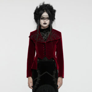 Drawstring Velvety Embroidered Gothic Red Coat