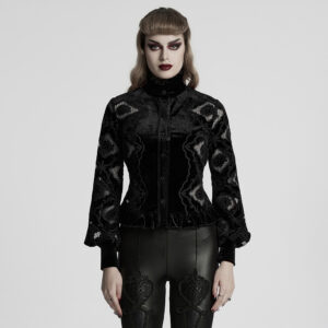 Adjustable Drawstring Retro Embroidered Velvet Shirt - Black