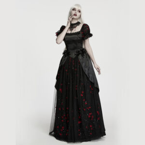 Elegant Rose Puff Sleeve Dress Black/Red