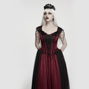 Victorian Gothic Dress in black and red with lace trim and mesh overlay