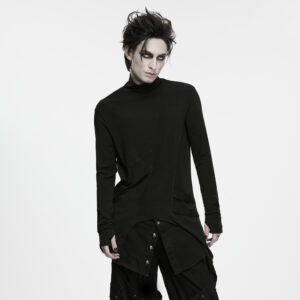 Main product photo of the Gothic Shadow Turtle Neck T-shirt, displaying the full front view with its high turtleneck collar, dark stretch-knit fabric, diagonal split-stitching, and sharply cut asymmetric hemline