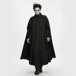 Main Photo of model wearing the Ruins Era Strap Cloak as the main product photo, showcasing the wide, sweeping post-apocalyptic silhouette, metallic riveted diagonal shoulder straps, and fluid drape of the woven fabric