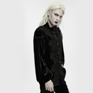 Main Photo of model wearing the Punk Rave Gothic Velvet Court Shirt in Black as the main product photo, showcasing the plush velvet drape, dramatic frilled stand collar, vintage lantern sleeves, and intricate front placket embroidery