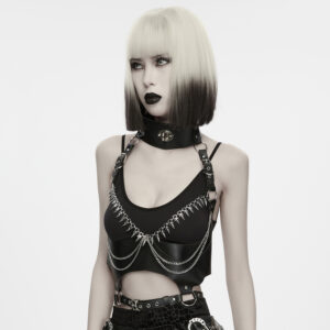 Main Photo of model wearing the Punk Rave Gothic Faux Leather Body Harness as the main product photo, showcasing the striking conical bustline spikes, dual-layered draped chains, and adjustable body-sculpting buckle straps