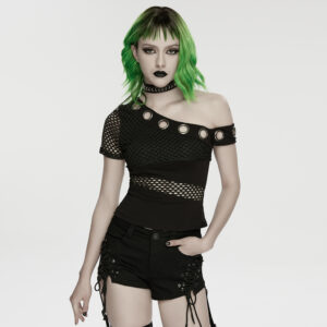 Main Photo of model wearing the Punk Rave Punk Asymmetric One-Shoulder Top as the main product photo, showcasing the bold slant-shoulder neckline, prominent metal eyelet shoulder strap, and irregular breathable mesh cutouts