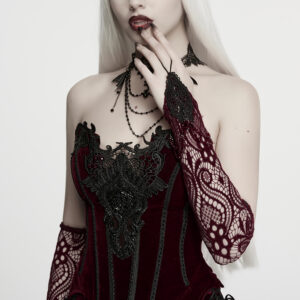 Pair of Gothic Lace Fingerless Gloves in Red featuring 3D openwork lace, dark crystals, and draped beads