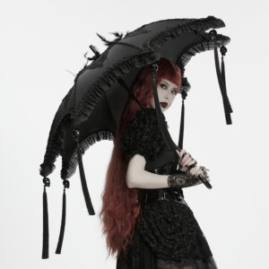 Main Photo of the open Gothic Glamorous Tassel Parasol (WS-962QTF), displaying its dramatic bat-wing canopy, intricate lace embroidery, and hanging skull-accented tassel pendants