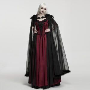 Full-length front view of a model wearing the Gothic Shadow Mesh Cloak over darkwear, highlighting the sheer black mesh, 3D shoulder feathers, and throat buckle