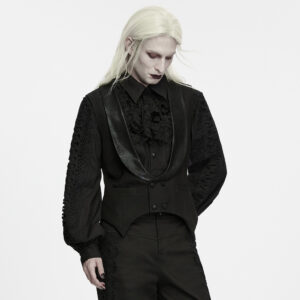 Main Photo f a model wearing the Gothic Pointed Hem Waistcoat as the main product photo, showcasing the crisp waist-cinching fit, dramatic pointed hemline, embossed shawl collar, and double-breasted button front
