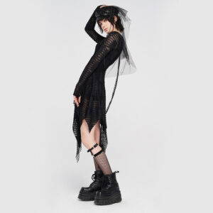 Main product photo featuring the WQ-479LQF Dark Snakescale Mesh Dress, highlighting the distressed snake-scale knit pattern, asymmetrical metal buckle shoulder, and jagged handkerchief hemline