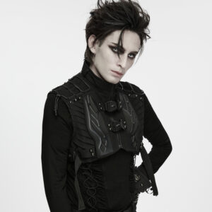Main studio shot of the Gothic Faux Leather Body Harness, featuring conical bustline spikes, draping metallic chains, and structural PU leather buckle straps