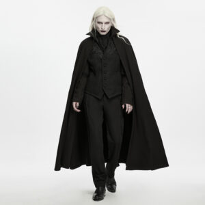 Main Photo product shot of the WY-2041EDM-BK Gothic Duke Stand Collar Cloak, displaying the imposing full-length silhouette, the structured aristocratic stand collar, and the heavy wool-blend drape designed for dark formalwear ensembles