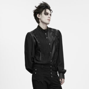 Main studio photo of the WY-2037CCM Punk Asymmetrical Buckle Shirt, highlighting the flowing bishop sleeves, textured vertical pleating across the torso, and the angular faux leather buckle overlay with industrial hardware